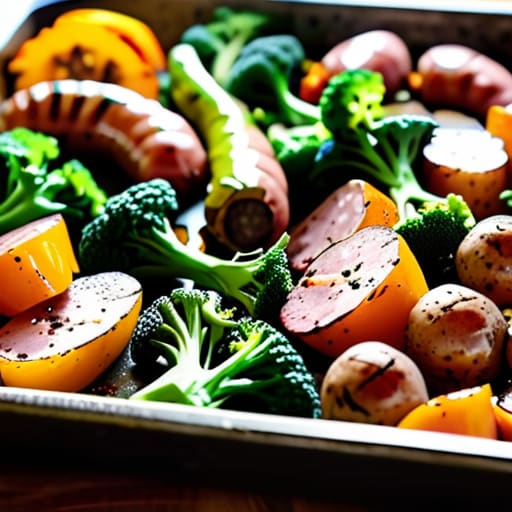 Sheet Pan Sausage and Veggies on tray.