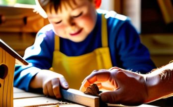 Family learning how to build a birdhouse.