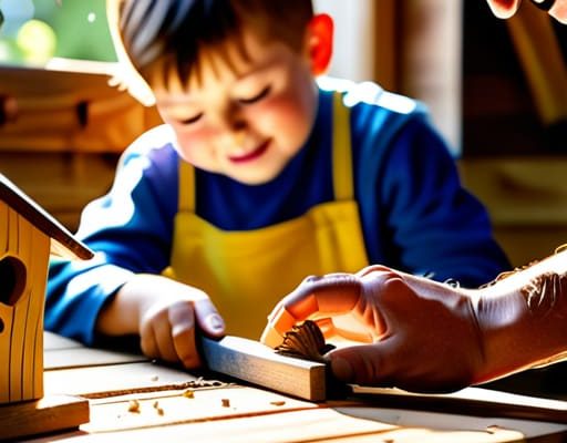 Family learning how to build a birdhouse.